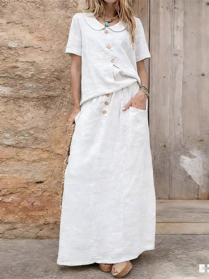 Women'S Casual Solid Color Cotton And Linen Loose Dress Two-Piece Set