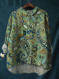 Elegant Curve Line Leaf Plant Print Cotton And Linen Shirt