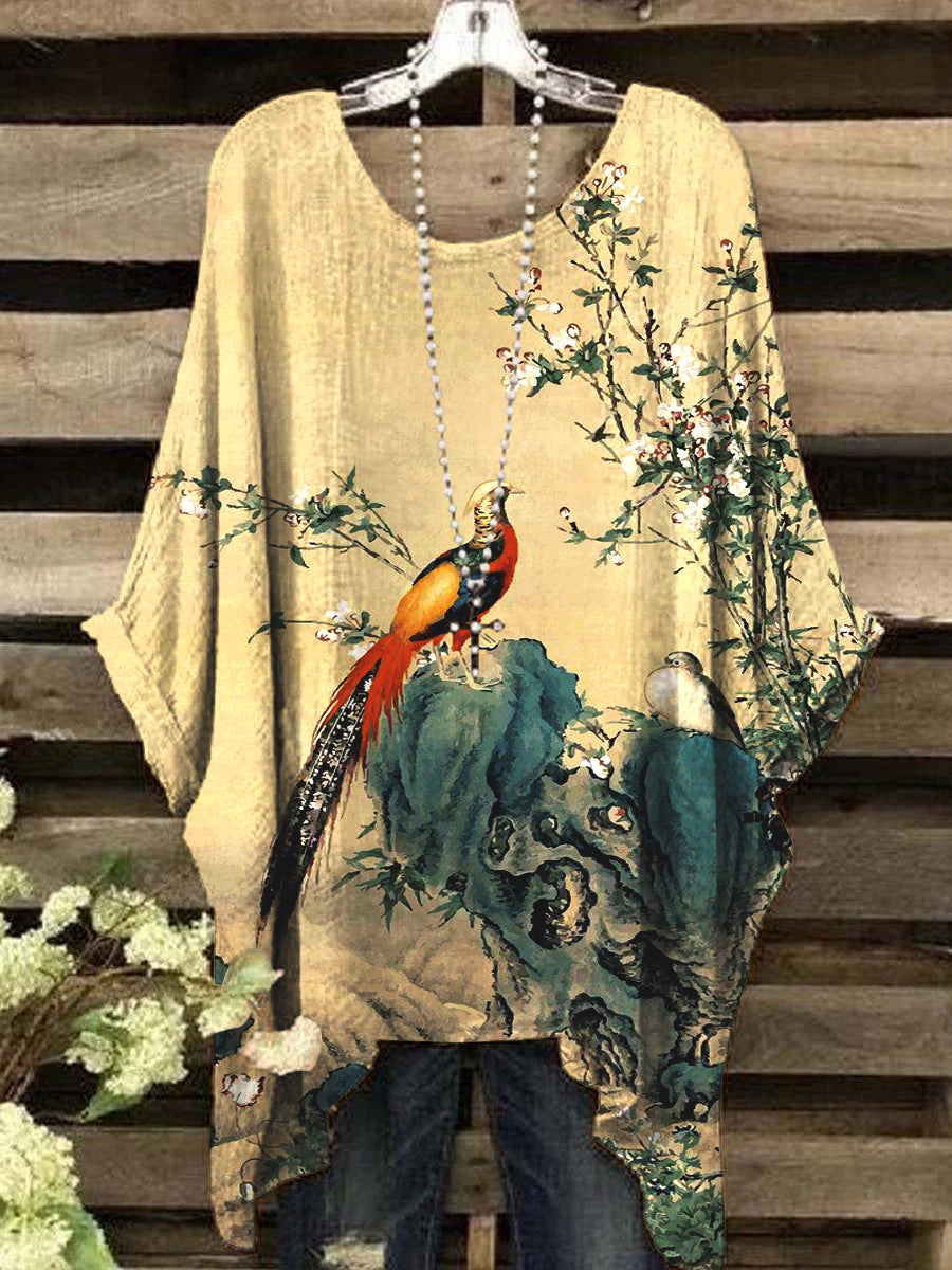 Women's Vintage Art Magpie Pattern Round Neck Top