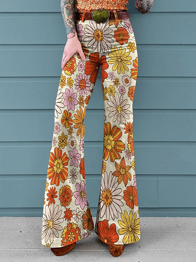 Women's Vintage Floral Print Mid-Rise Button-Hem Bootcut Pants (Without Belt)