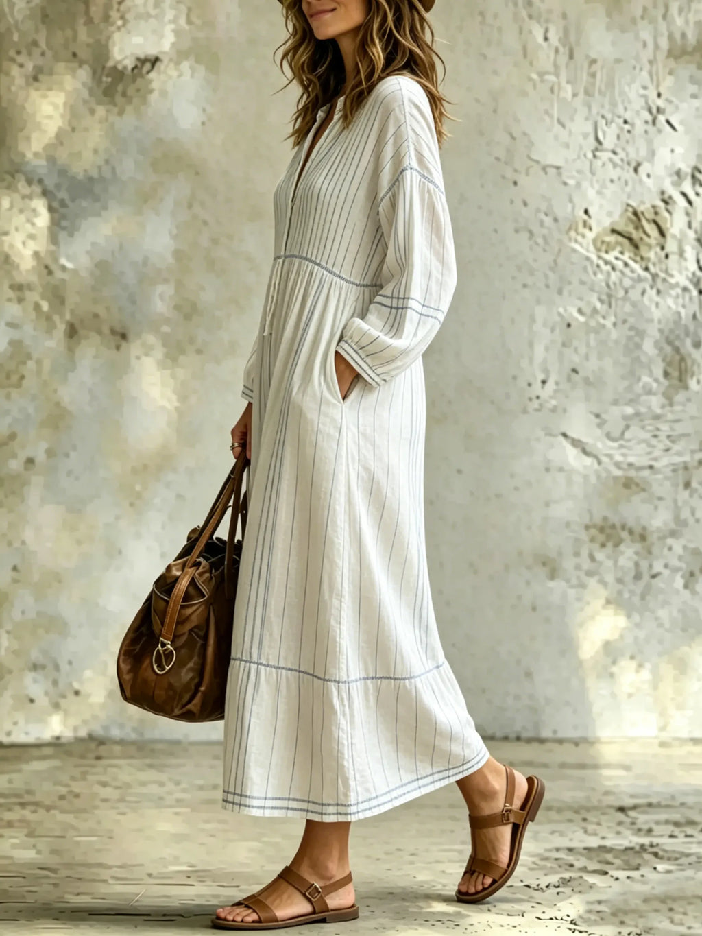 Women's Boho Striped Maxi Dress V-neck Long Sleeve Casual Flowy Cotton Linen Caftan Long Dress With Pockets