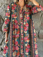 Women's Elegant Geometric Floral Shirt Style Cotton and Linen Dress
