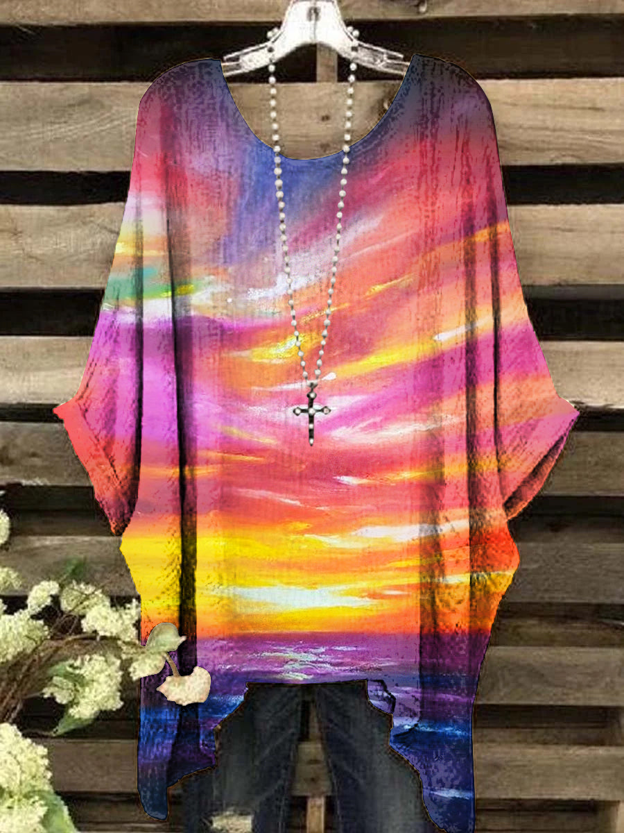 Women's Vintage Abstract Evening Sun Pattern Crew Neck Top
