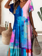 Women's V-Neck Art Fluid Pattern Dress