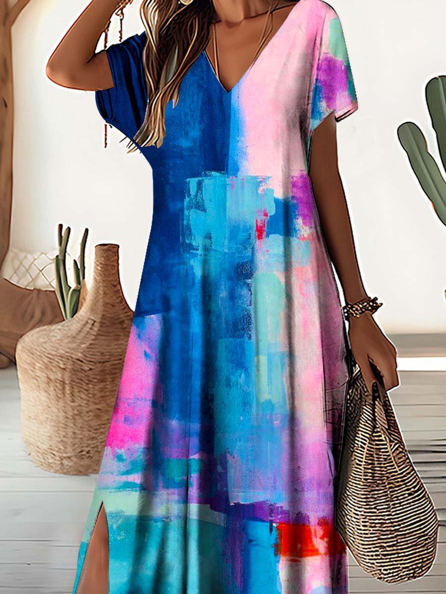 Women's V-Neck Art Fluid Pattern Dress