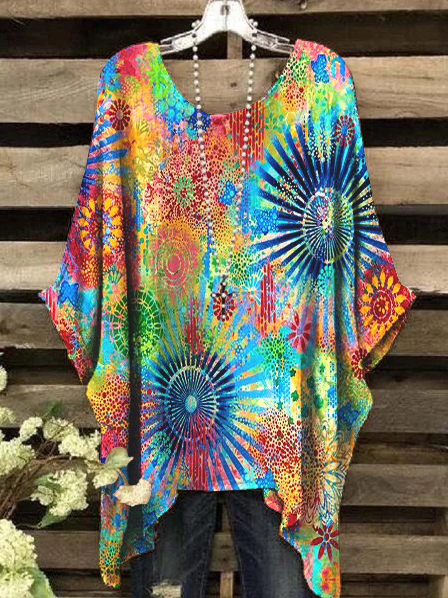 Women's Vintage Colorful Irregular Pattern Round Neck Top