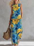 Women's Vintage-print Cotton-linen Set: Round-neck Sleeveless Loose-fit Top & High-waisted Wide-leg Pants