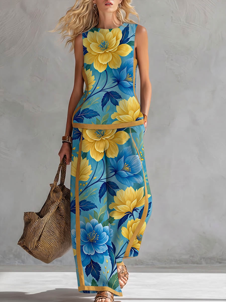 Women's Vintage-print Cotton-linen Set: Round-neck Sleeveless Loose-fit Top & High-waisted Wide-leg Pants