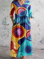 Women's Art Geometric Floral V Neck Cotton and Linen Dress with Pockets