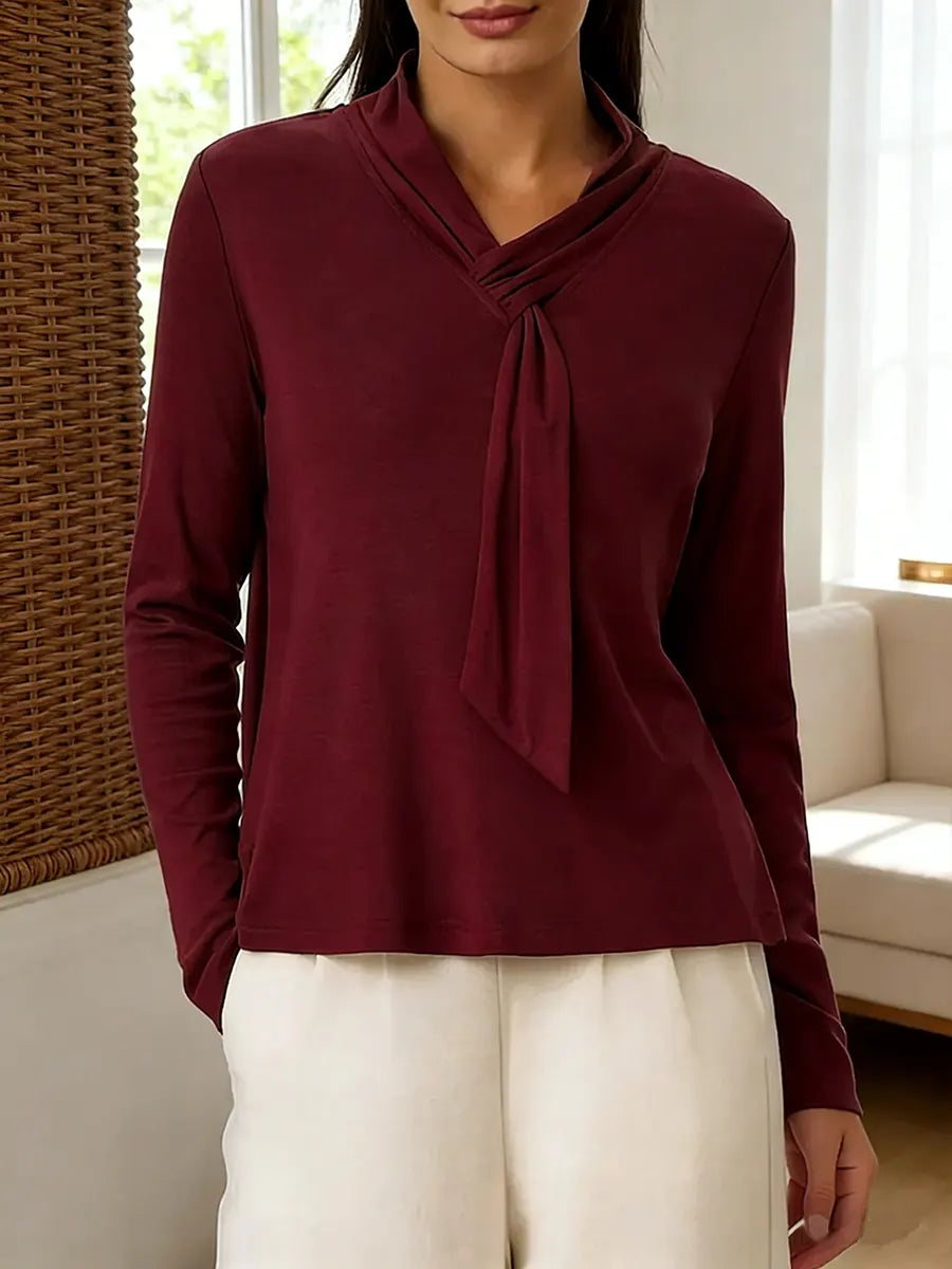 Women's solid color fashionable ribbon long-sleeved top