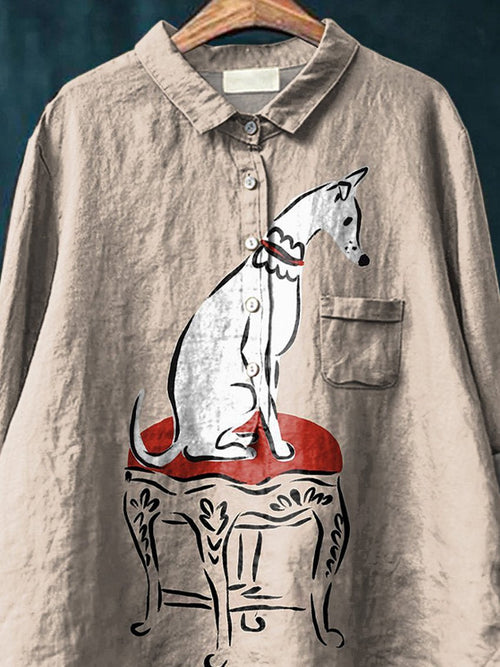 Curious Puppy Dog Printed Women's Casual Cotton And Linen Shirt