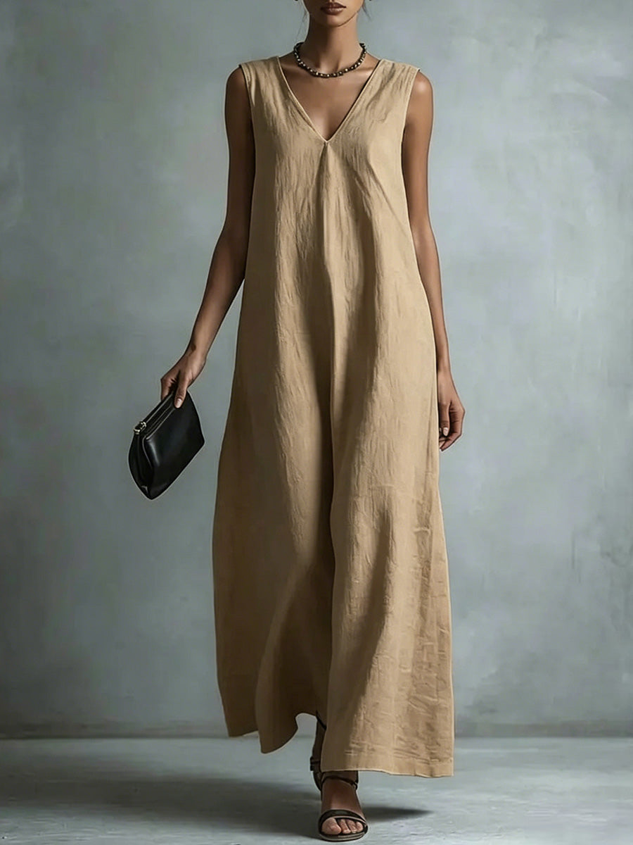 Women's V-neck Sleeveless Cotton-linen Dress