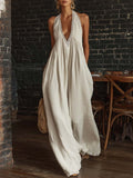 Retro Urban Bohemian V-neck Lace Trim Sleeveless Off-white Cotton Jumpsuit