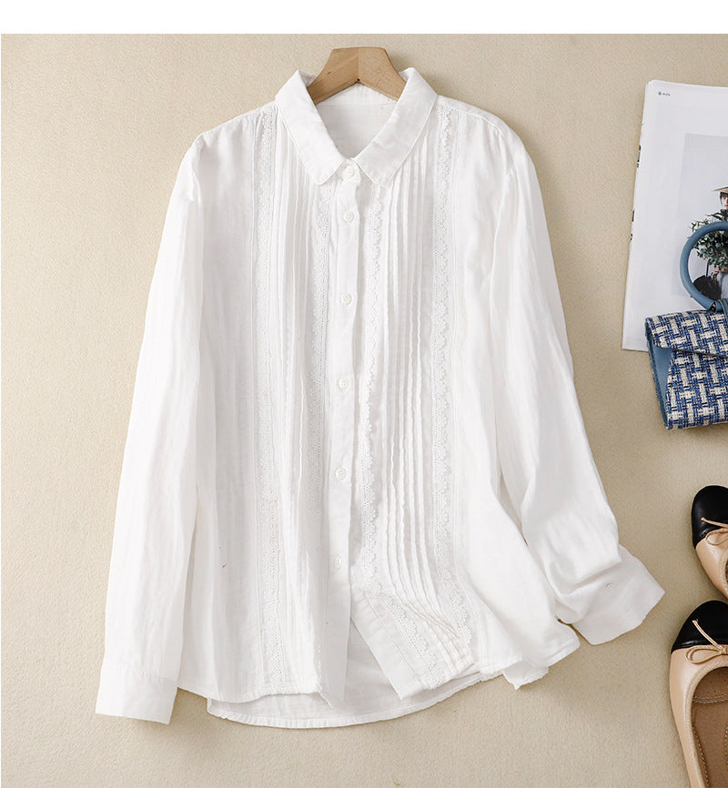Women's Patchwork Lace Trim Linen And Cotton Pleated Shirt