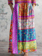 Women's Kantha Style Floral Pattern V Neck Cotton Fabric Dress with Pockets