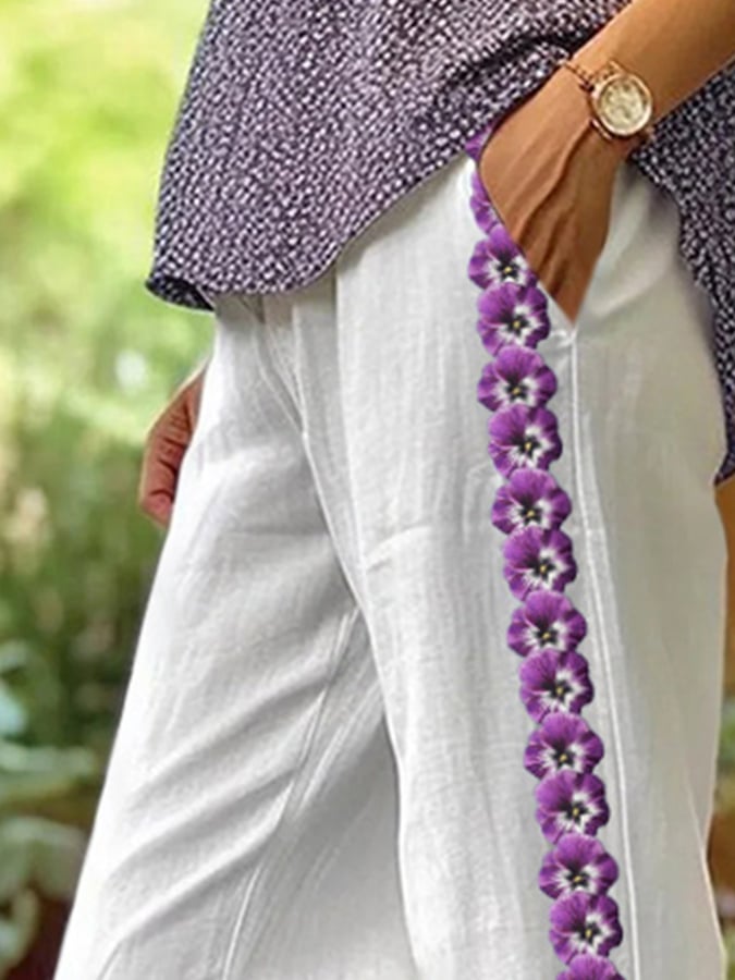 Women's Purple Pansy Floral Print Casual Pants