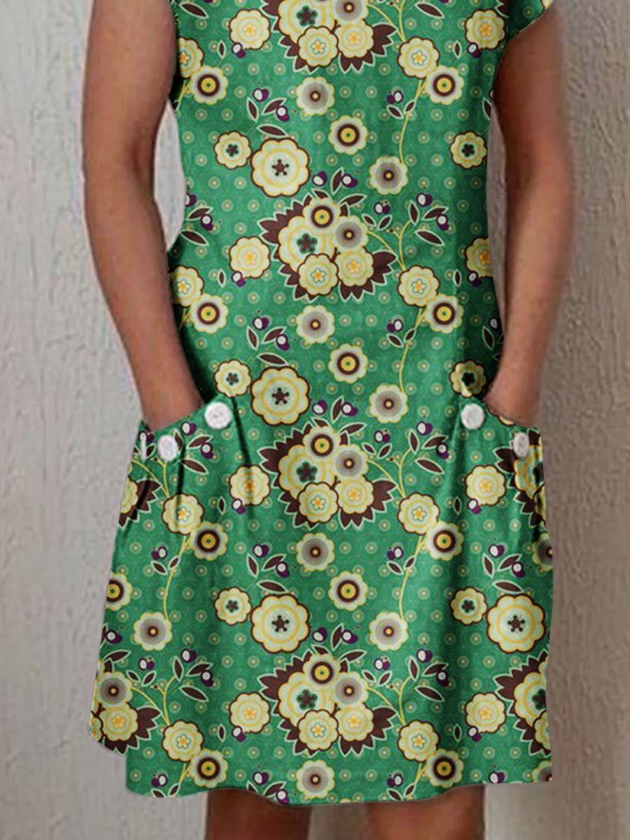 Women's Classic Art Floral Print Cotton and Linen  Dress