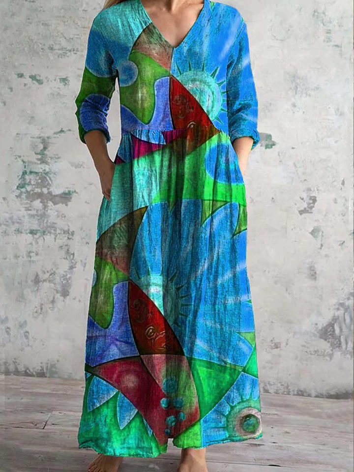 Women's V-neck Rainbow Art Cotton And Linen Dress With Pockets