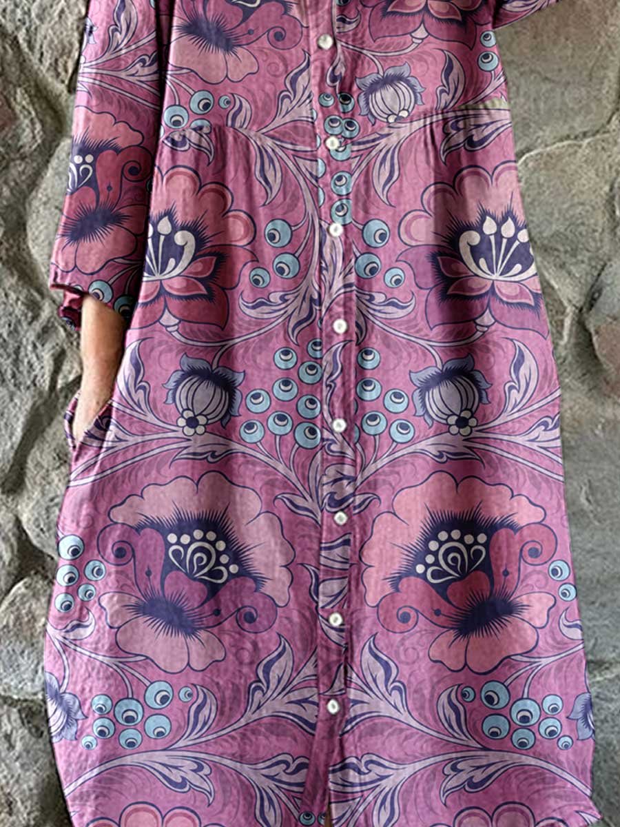 Women's Elegant Vintage Floral Pattern Shirt Style Cotton and Linen Dress