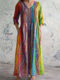 Women's V-neck Colorful Geometric Pattern Cotton Fabric Dress with Pockets