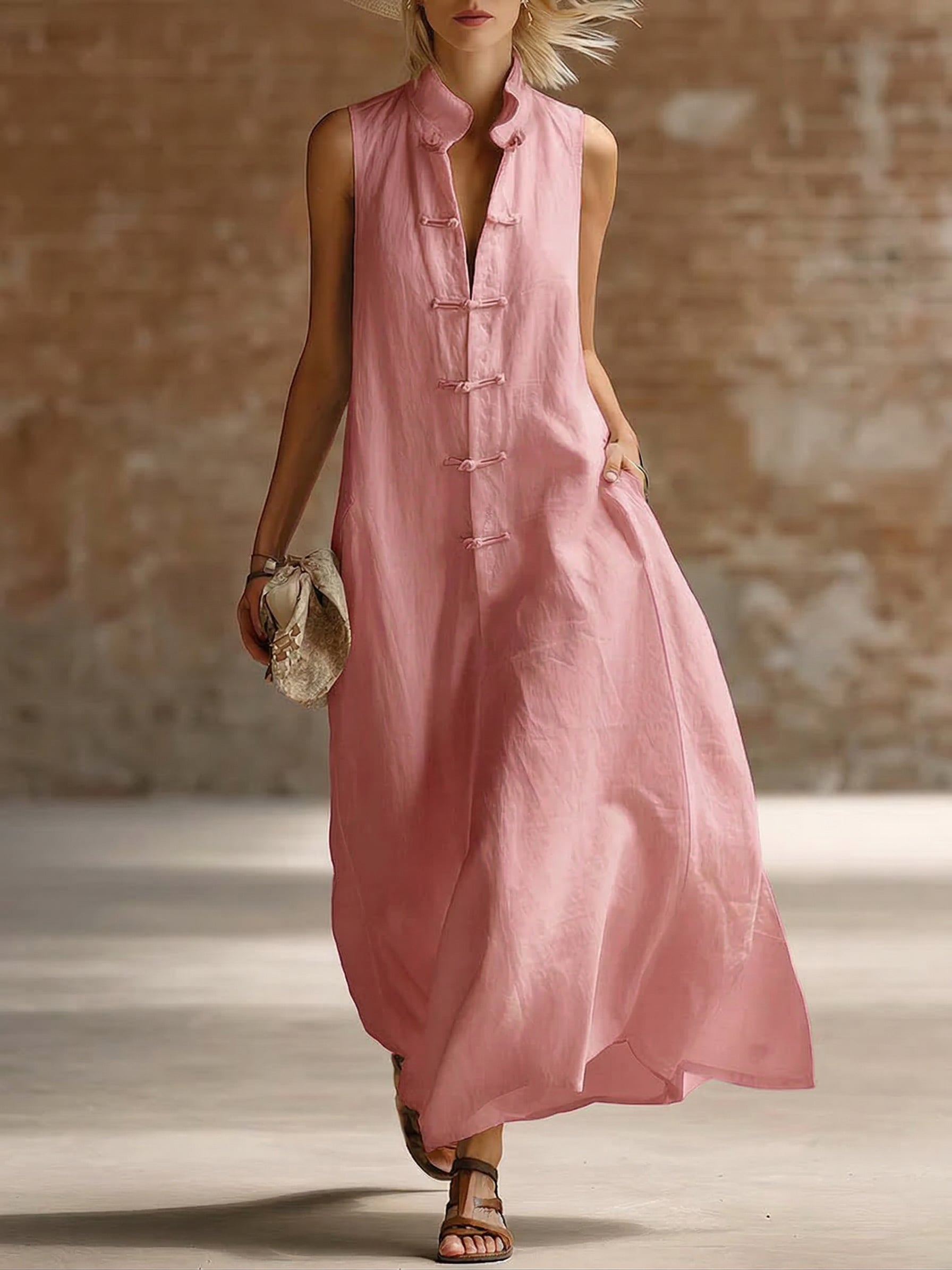 Stylish Stand-up Collar Frog Buttons Loose Linen-cotton Maxi Dress