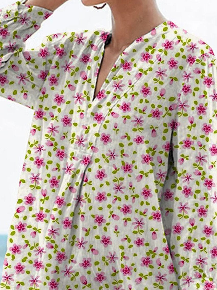 Small Pink Summer Floral Pattern Printed Women's Casual Linen V-Neck Shirt
