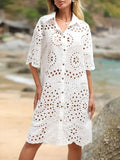 Women's Resort Eyelet Embroidery Button Front Drop Shoulder Shirt Dress