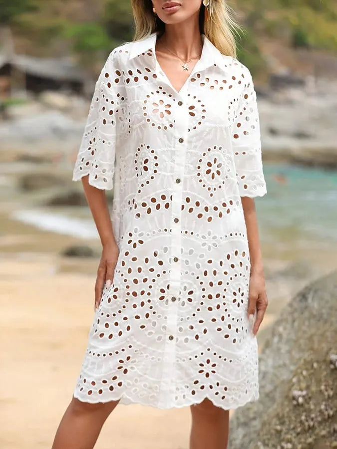 Women's Resort Eyelet Embroidery Button Front Drop Shoulder Shirt Dress
