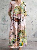 Women's V-Neck Undersea Eorld Print Pattern Cotton And Linen Dress With Pockets