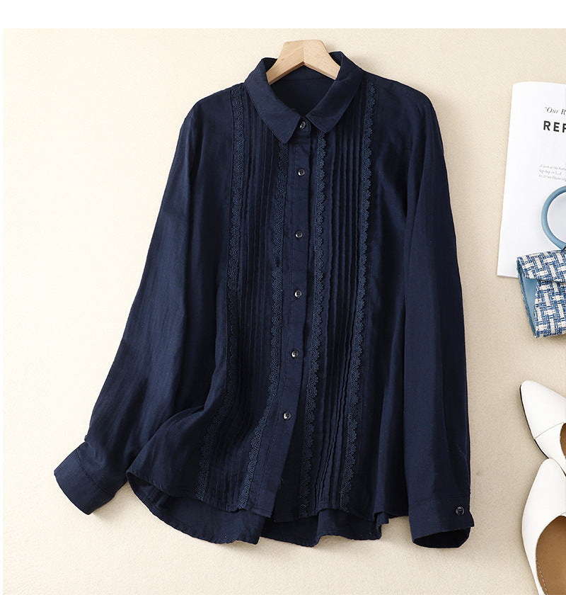 Women's Patchwork Lace Trim Linen And Cotton Pleated Shirt