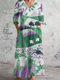Women's V-Neck Pastoral Landscape Art Print Cotton And Linen Pocket Dress