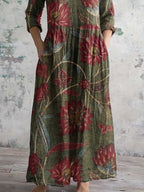 Women's Elegant Floral Pattern V-Neck Cotton Fabric Dress with Pockets