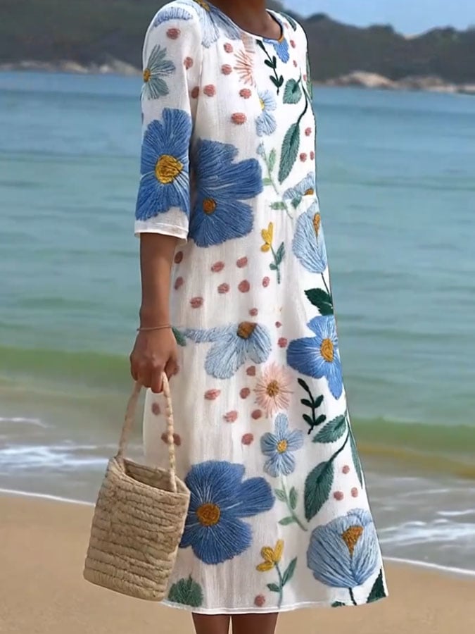 Women's Casual  Round Neck Mid Sleeve Print Cotton and Linen Dress