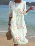 Women's Casual  Round Neck Mid Sleeve Print Cotton and Linen Dress