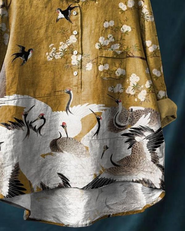 Women's Japanese Art Art Print Casual Cotton And Linen Shirt