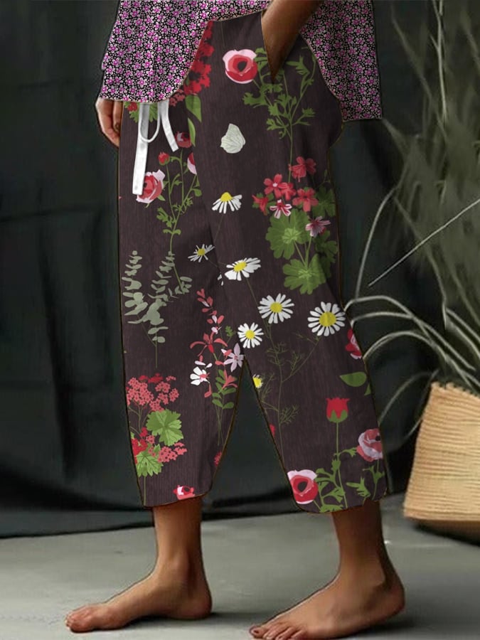 Women's Botanical Floral Design Print Lace-Up With Elastic Waist Loose Casual Pants