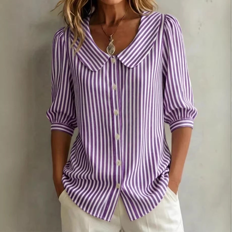 Retro Peter Pan Collar Striped Cotton-linen Shirt