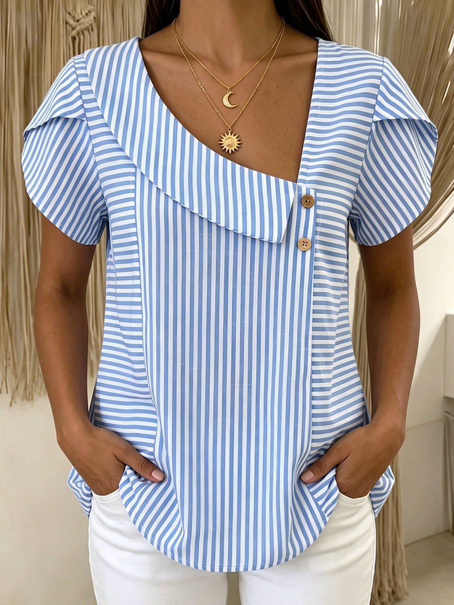 Artistic Cut Striped Cotton-linen Polo Collar Shirt Blouse