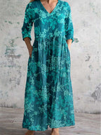 Women's Elegant Simple Floral V-Neck Cotton and Linen Dress with Pockets