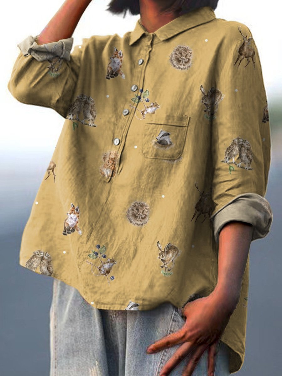 Petite Woodland Animals Pattern Printed Women's Casual Cotton And Linen Shirt
