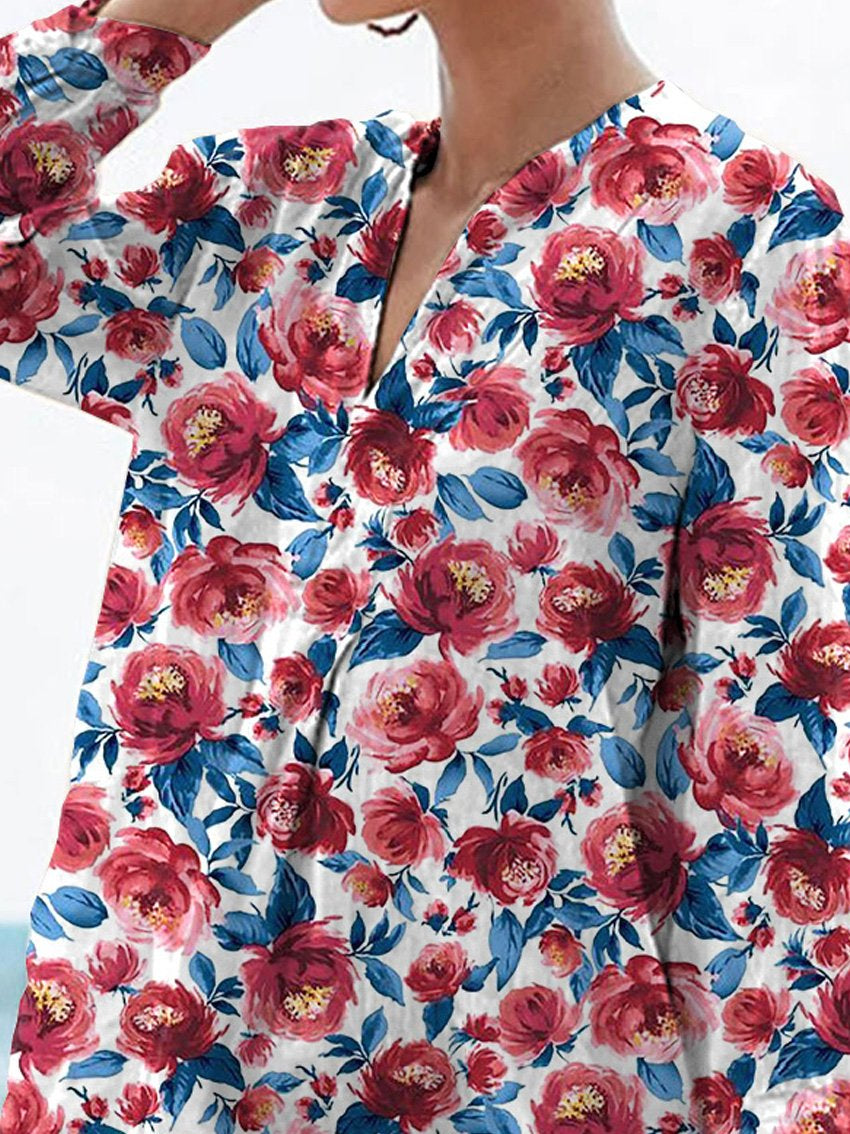Watercolor Peony Repeat Pattern Printed Women's Casual Linen V-neck Shirt