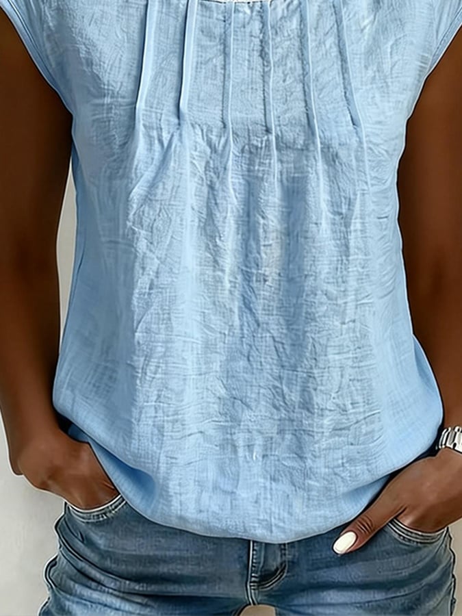 Women'S Casual Round Neck Pleated Cotton And Linen Top
