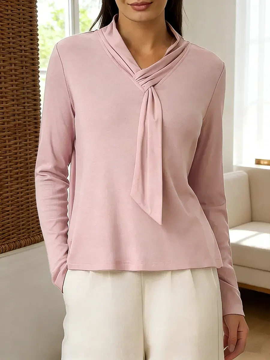 Women's solid color fashionable ribbon long-sleeved top