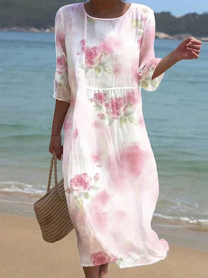 Women's Casual  Round Neck Mid Sleeve Print Cotton and Linen Dress