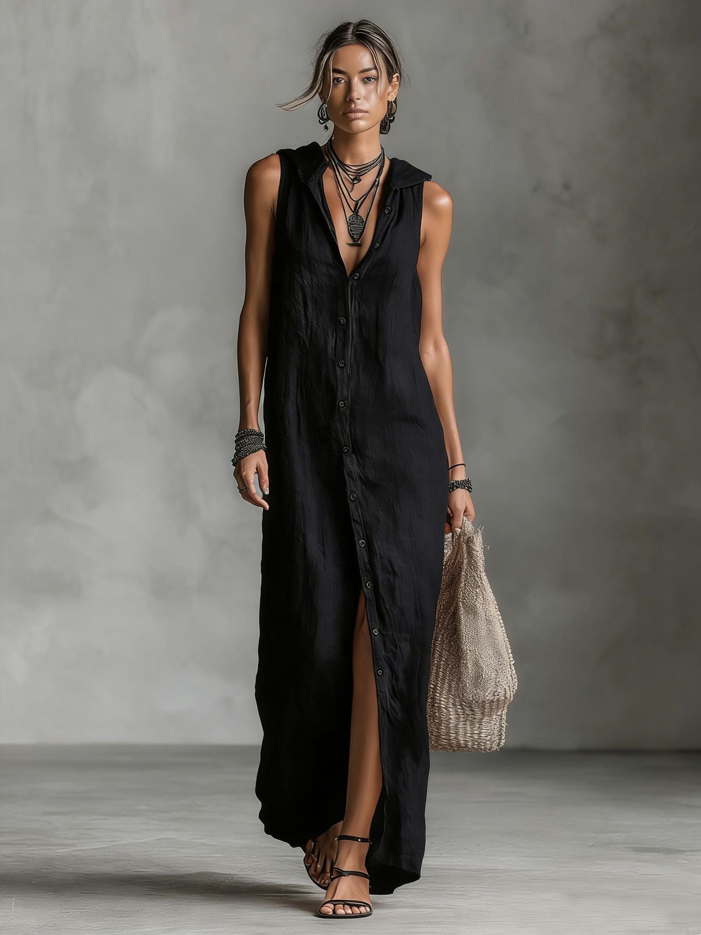 Women's Vintage Elegant Sleeveless Button-down Maxi Dress