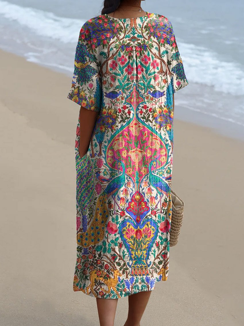 Women's Vintage Ethnic Lovely Floral Birds Art Print Flowy Dress