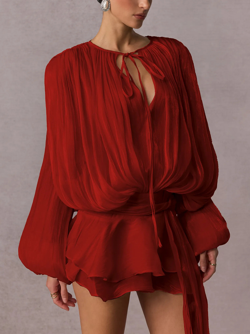 French-style ruffled and gathered short dress with leggings
