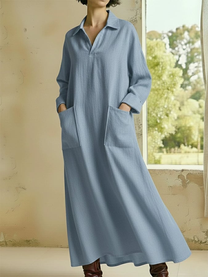 Women'S Casual Lapel Loose-Fitting Long-Sleeved Dress With Pockets