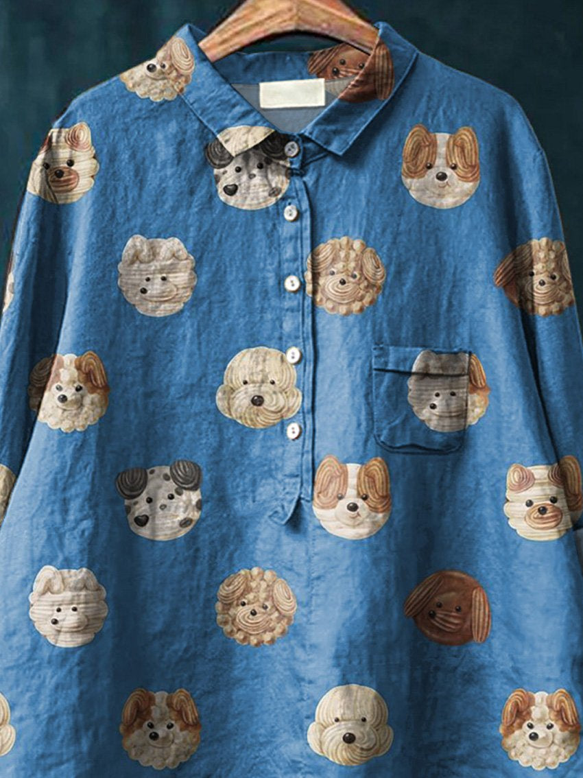Lovely Dog Cookie Pattern Printed Women's Casual Cotton And Linen Shirt