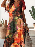 Women's V-Neck Art Fluid Pattern Dress